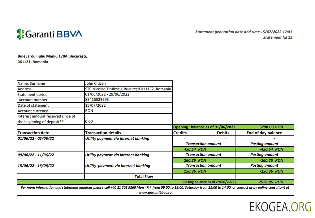 Relevé bancaire Roumanie Garanti BBVA xls
